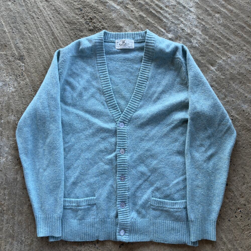 Vtg 70s Scottsdoon Scottish Lambswool Sweater Cardigan Baby Blue Grandpa HK Lrg